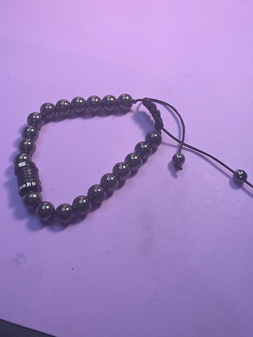 Men’s Black Magnetic Hematite Beaded Adjustable Bracelet with Branded Accent